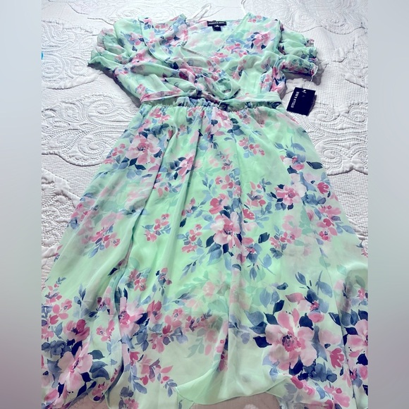 Green Puff Sleeve V-Neck Midi SunDress floral - Picture 2 of 12